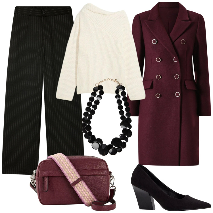 Outfit donna - Equilibrio e stile. Stile Basic per Tutti i giorni. Abbinamento con borse a tracolla, maglieria, décolleté, pantaloni, collane, cappotti.