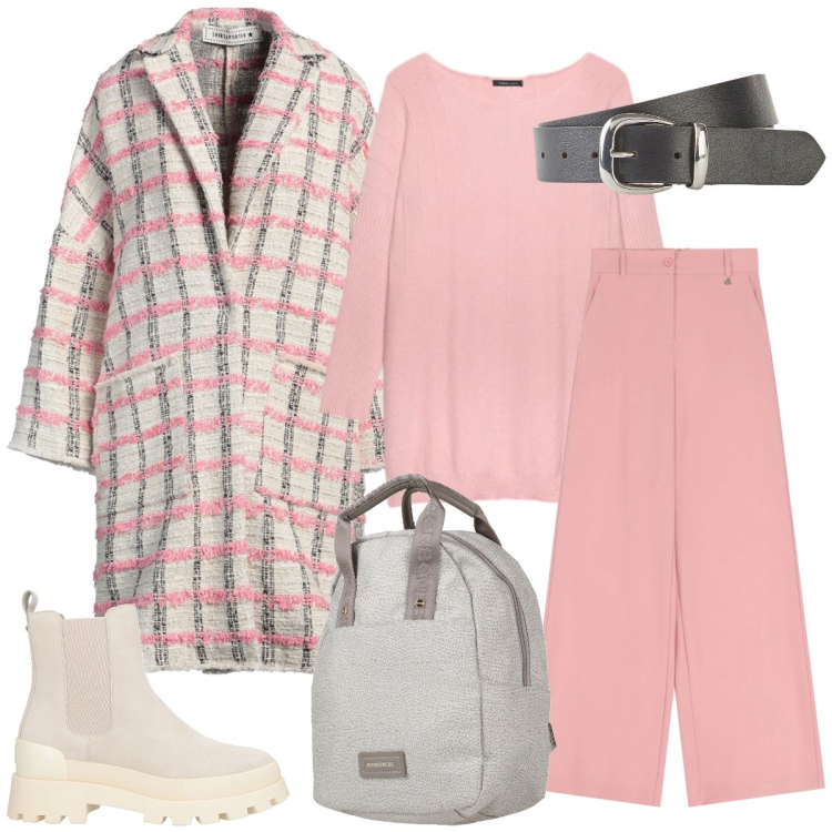 Outfit donna - Total look #2344284. Stile Casual chic per Tutti i giorni. Abbinamento con zaini, stivaletti chelsea, cappotti, cinture, maglieria, pantaloni a palazzo.