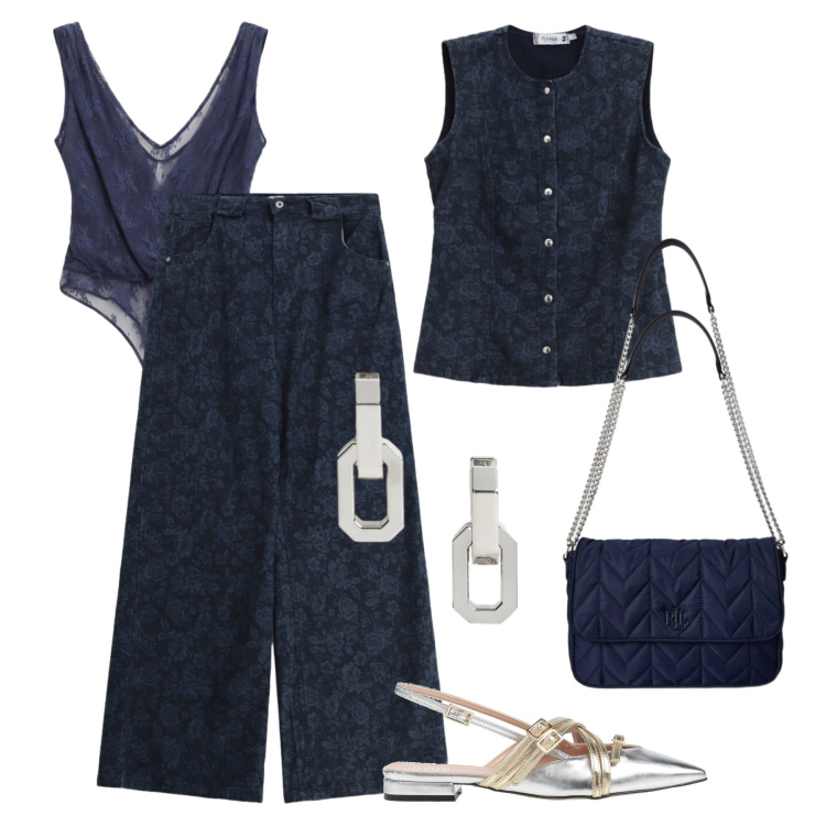 Outfit donna - Denim floreale chic. Stile Glamour per Serata fuori. Abbinamento con ballerine, top, jeans, gilet, borse a tracolla, orecchini.