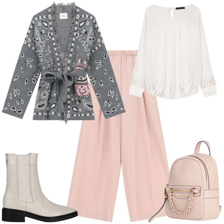 Outfit donna - Casual chic ufficio tempo libero. Stile Casual chic per Tutti i giorni. Abbinamento con zaini, stivaletti chelsea, pantaloni a palazzo, bluse, cardigans.