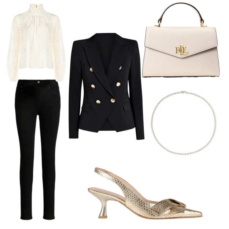 Outfit donna - Accenti dorati. Stile Chic per Serata fuori. Abbinamento con décolleté, bluse, blazer, collane, borse a mano, jeans skinny.