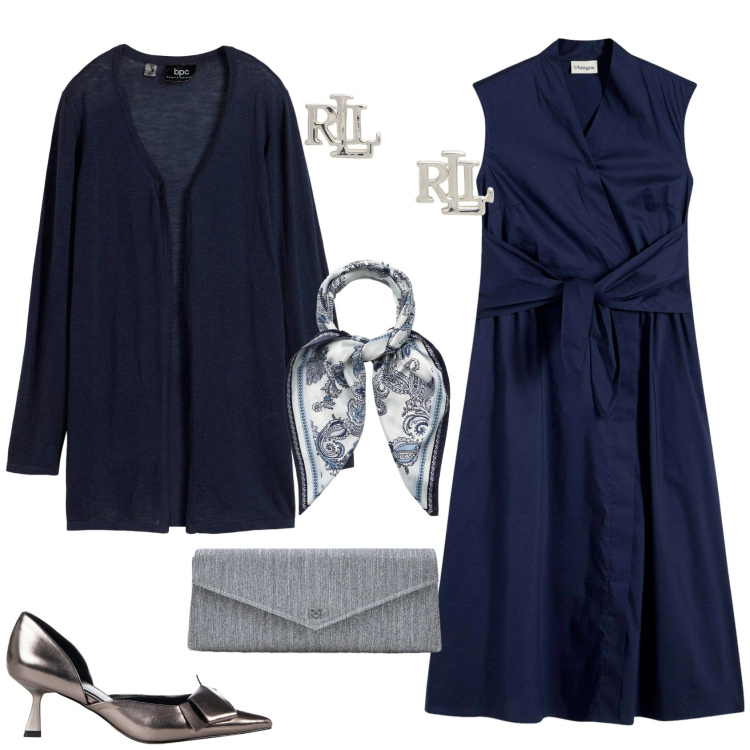 Outfit donna - Chic serata evento cerimonia. Stile Chic per Cerimonia. Abbinamento con vestiti, cardigans, foulard, pochette, décolleté, orecchini.