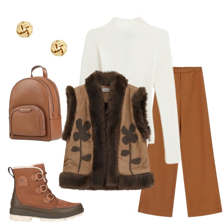 Outfit donna - Winter Folk. Stile Etnico per Tutti i giorni. Abbinamento con stivaletti, zaini, pantaloni a palazzo, orecchini, gilet, maglieria.