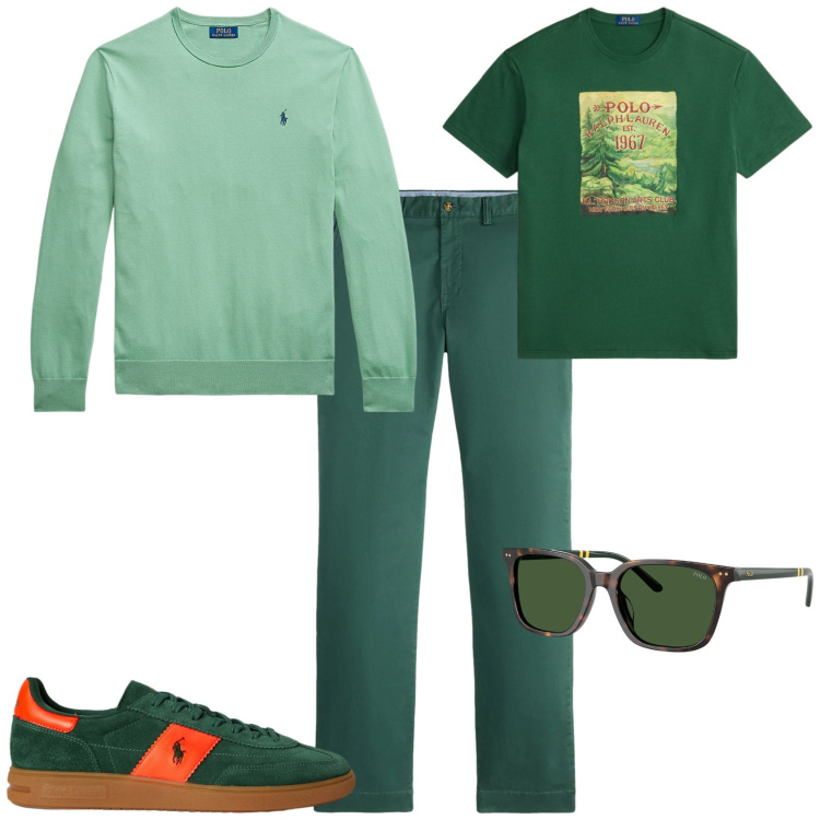 Outfit uomo - Trendy ufficio week end. Stile Trendy per Tutti i giorni. Abbinamento con maglieria, occhiali da sole, sneakers, t-shirt, pantaloni chino.