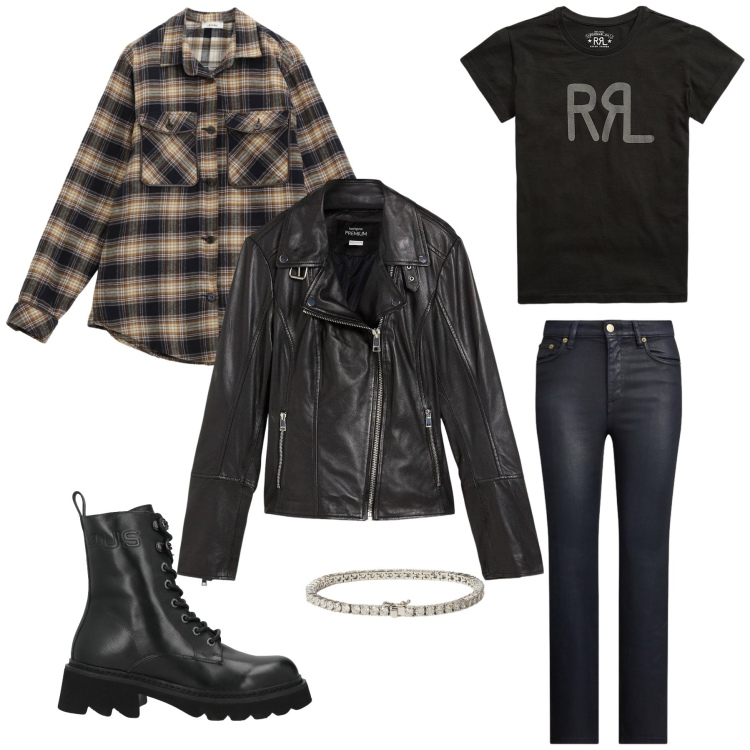 Outfit donna - Grunge Soul. Stile Rock per Tutti i giorni. Abbinamento con stivaletti, blazer, camicie, t-shirt, jeans dritti, braccialetti.