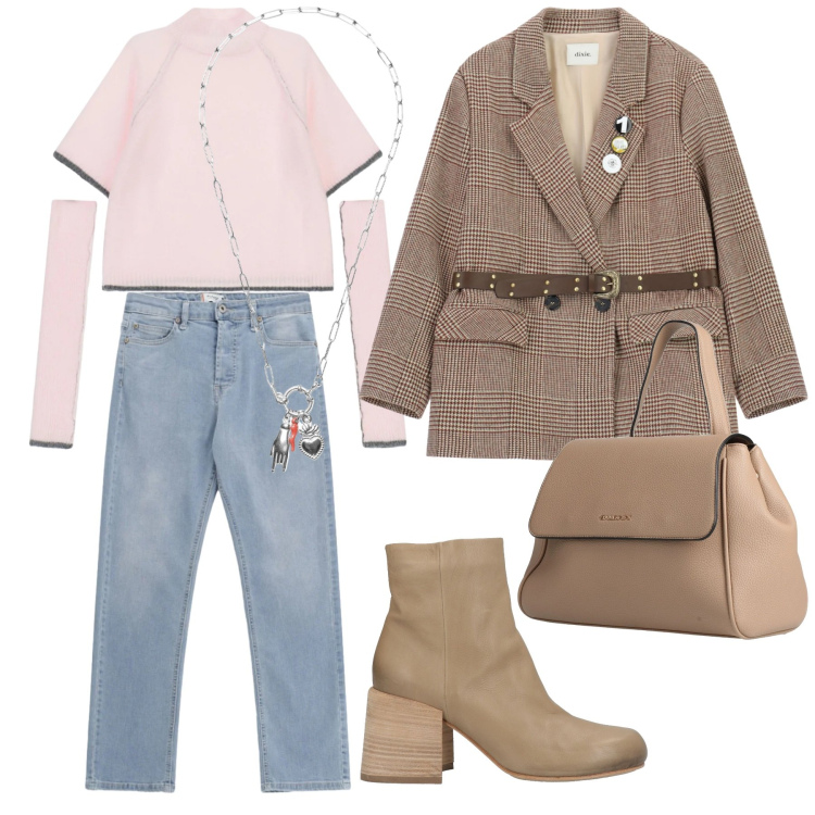 Outfit donna - Look. Stile Casual per Tutti i giorni. Abbinamento con zaini, stivaletti, maglieria, blazer, ciondoli, jeans.