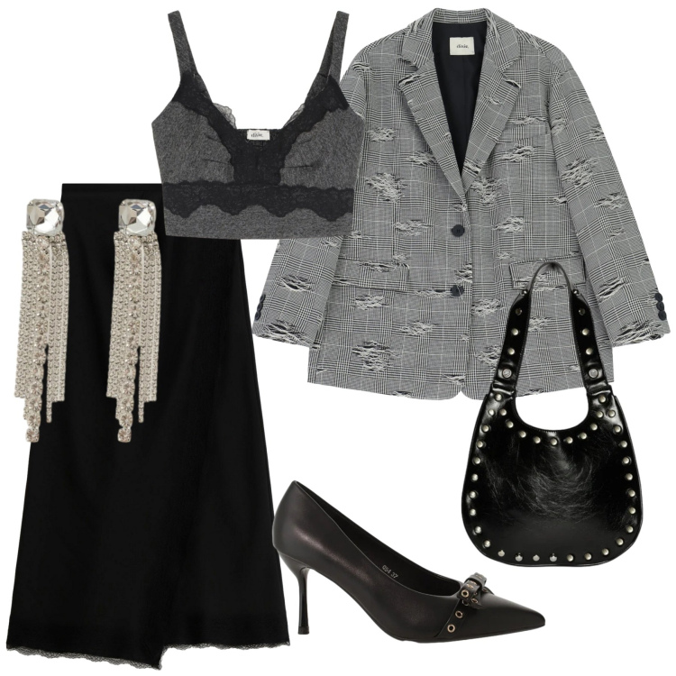 Outfit donna - Look. Stile Casual chic per Serata fuori. Abbinamento con décolleté, borse a spalla, blazer, top, gonne lunghe, orecchini.