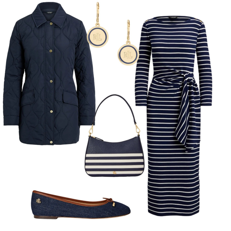 Outfit donna - Trendy ufficio tempo libero. Stile Trendy per Tutti i giorni. Abbinamento con ballerine, vestiti lunghi, borse a spalla, orecchini, giacche.