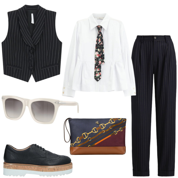 Outfit donna - Mannish giocoso. Stile Mannish per Cerimonia. Abbinamento con scarpe stringate, gilet, camicie, pantaloni, occhiali da sole, pochette.