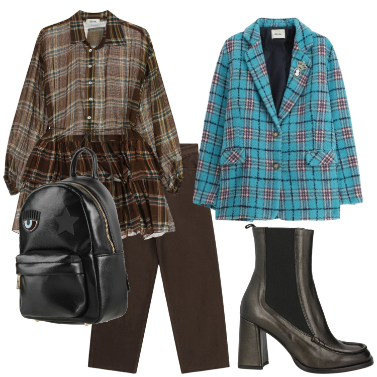 Outfit donna - Look. Stile Casual per Tutti i giorni. Abbinamento con stivaletti chelsea, zaini, vestiti corti, blazer, jeans.