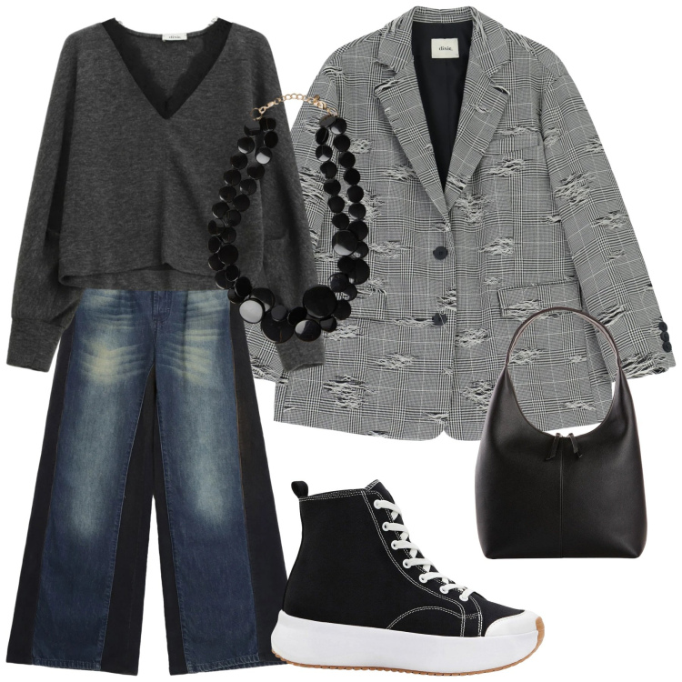 Outfit donna - Look. Stile Casual per Tutti i giorni. Abbinamento con sneakers alte, shopping bag, collane, blazer, pullovers, jeans a zampa.