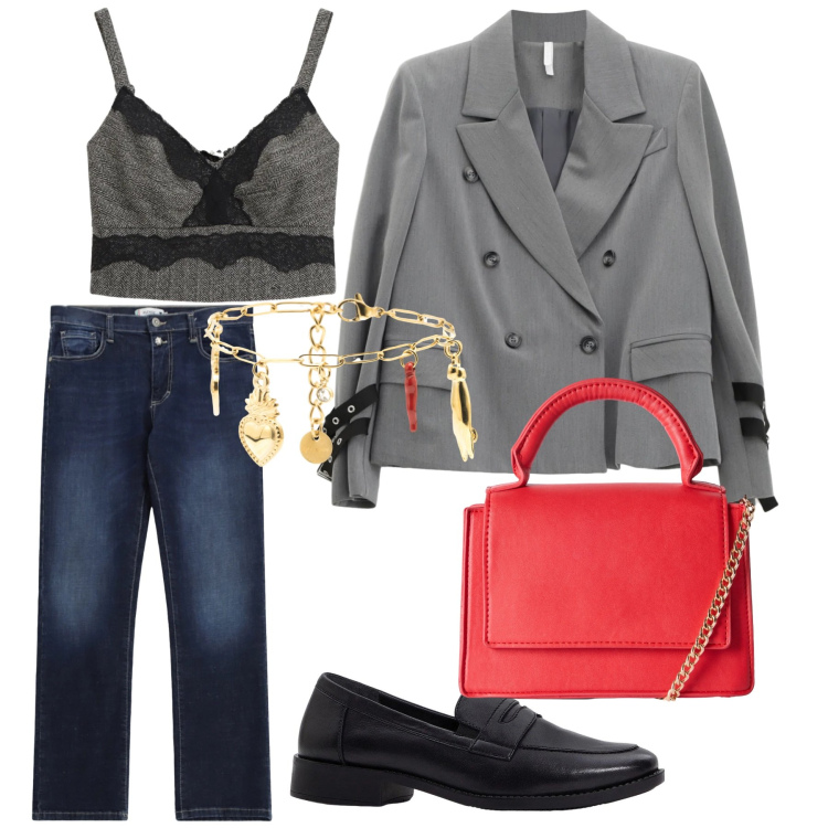 Outfit donna - Look. Stile Casual chic per Tutti i giorni. Abbinamento con mocassini, borse a tracolla, blazer, top, braccialetti, jeans dritti.