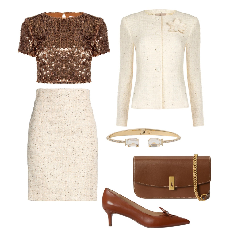 Outfit donna - Evento retró chic. Stile Bon Ton per Serata fuori. Abbinamento con minigonne, blazer, bluse, clutch, décolleté, braccialetti.