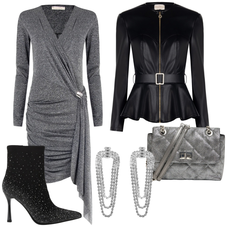 Outfit donna - Look elegante. Stile Chic per Serata fuori. Abbinamento con orecchini, borse a tracolla, stivaletti, giacche, vestiti a tubino.