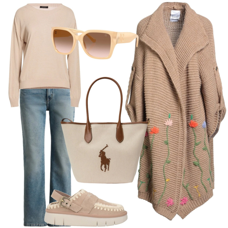 Outfit donna - Il maxi cardigan ricamato. Stile Casual chic per Scuola/Università. Abbinamento con pullovers, décolleté, cardigans, occhiali da sole, borse tote, jeans dritti.