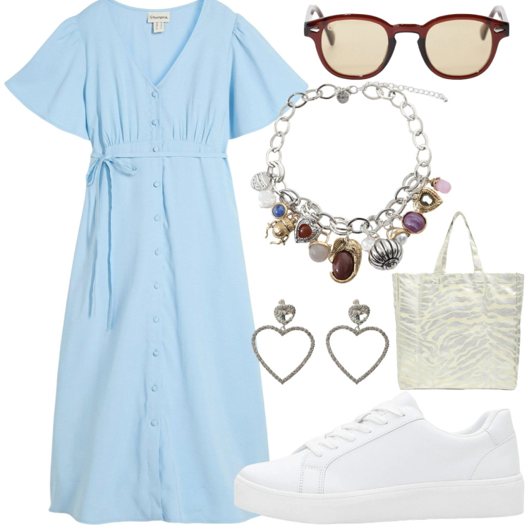 Outfit donna - Scarpe comode per un viaggio in giornata. Stile Basic per Tutti i giorni. Abbinamento con sneakers, vestiti midi/longuette, shopping bag, occhiali da sole, braccialetti con ciondoli, orecchini.