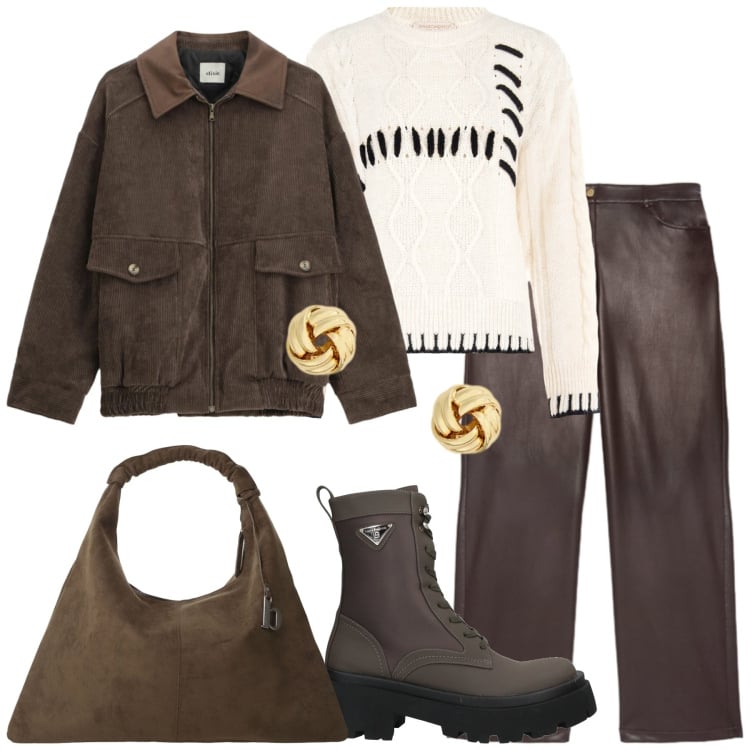 Outfit donna - Marrone invernale. Stile Casual per Tutti i giorni. Abbinamento con stivaletti, pantaloni, maglieria, orecchini, cappotti, bomber.