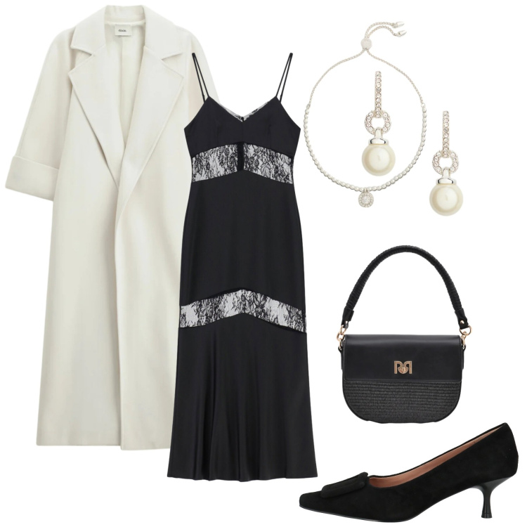 Outfit donna - La sera. Stile Chic per Serata fuori. Abbinamento con décolleté, vestiti lunghi, cappotti, borse a spalla, braccialetti, orecchini.