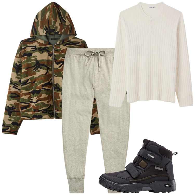 Outfit uomo - Il sabato relax. Stile Casual per Tutti i giorni. Abbinamento con stivali e stivaletti, felpe con cappuccio, maglieria, pantaloni.