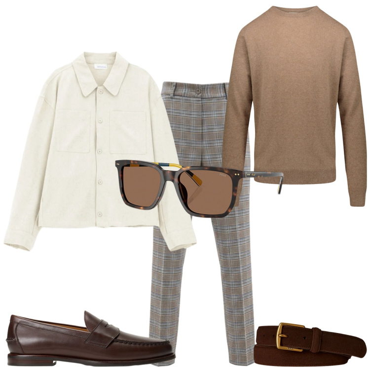 Outfit uomo - Casual al lavoro. Stile Casual per Ufficio. Abbinamento con camicie, pantaloni, occhiali da sole, scarpe stringate, cinture, maglieria.