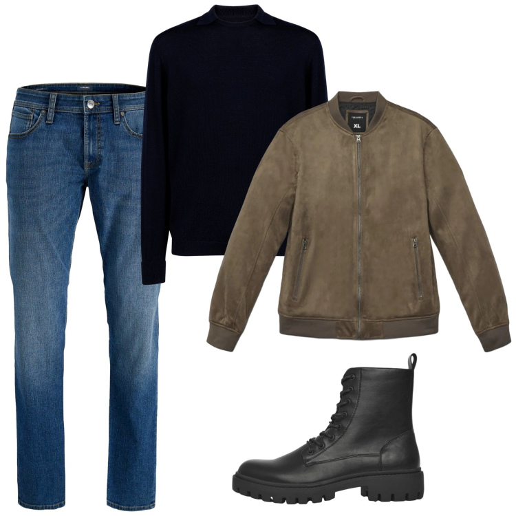Outfit uomo - Febbraio. Stile Casual per Tutti i giorni. Abbinamento con jeans, giacche, anfibi, maglieria.