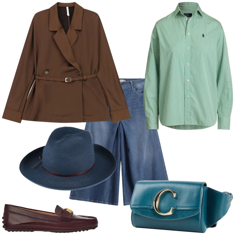 Outfit donna - Trendy in città. Stile Trendy per Tutti i giorni. Abbinamento con cappelli, marsupi, blazer, jeans, camicie, mocassini.