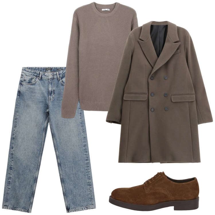 Outfit uomo - Freddo a febbraio. Stile Casual per Tutti i giorni. Abbinamento con jeans dritti, cappotti, maglieria, scarpe stringate.
