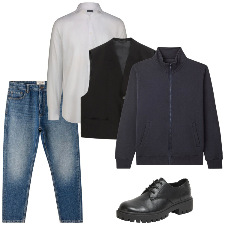 Outfit uomo - Pomeriggio. Stile Casual per Tutti i giorni. Abbinamento con giacche, scarpe stringate, jeans, gilet, camicie.