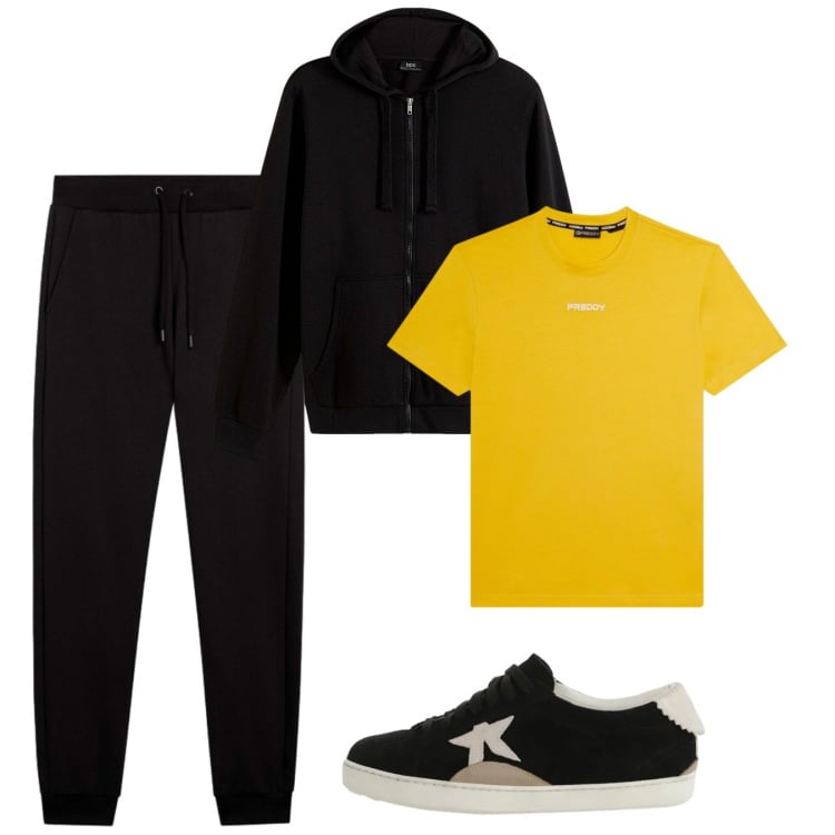 Outfit uomo - Sporty mood. Stile Urban per Sport. Abbinamento con felpe con cappuccio, sneakers, pantaloni, t-shirt.