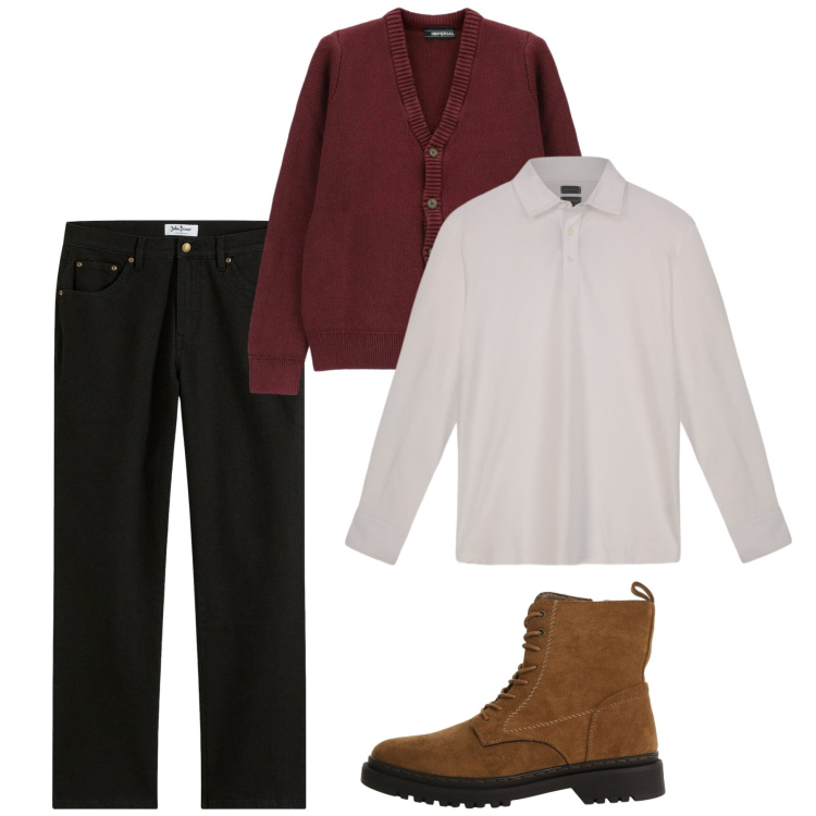 Outfit uomo - Febbraio. Stile Casual per Tutti i giorni. Abbinamento con jeans dritti, cardigans, anfibi, polo.