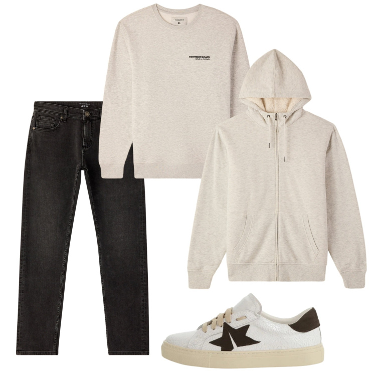 Outfit uomo - Doppia felpa. Stile Casual per Tutti i giorni. Abbinamento con jeans, felpe con cappuccio, felpe, sneakers.