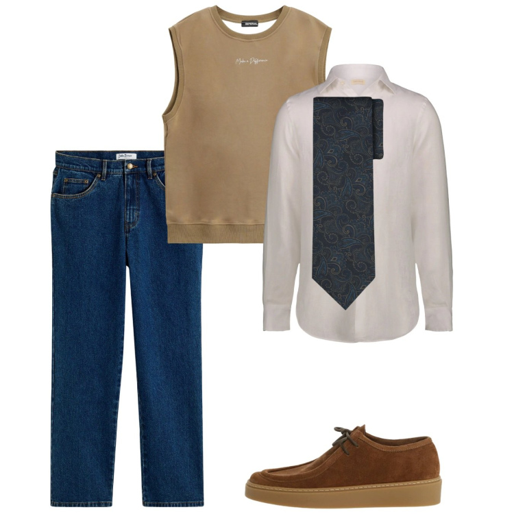 Outfit uomo - Febbraio. Stile Casual per Ufficio. Abbinamento con jeans dritti, canottiere, scarpe stringate, camicie, cravatte.