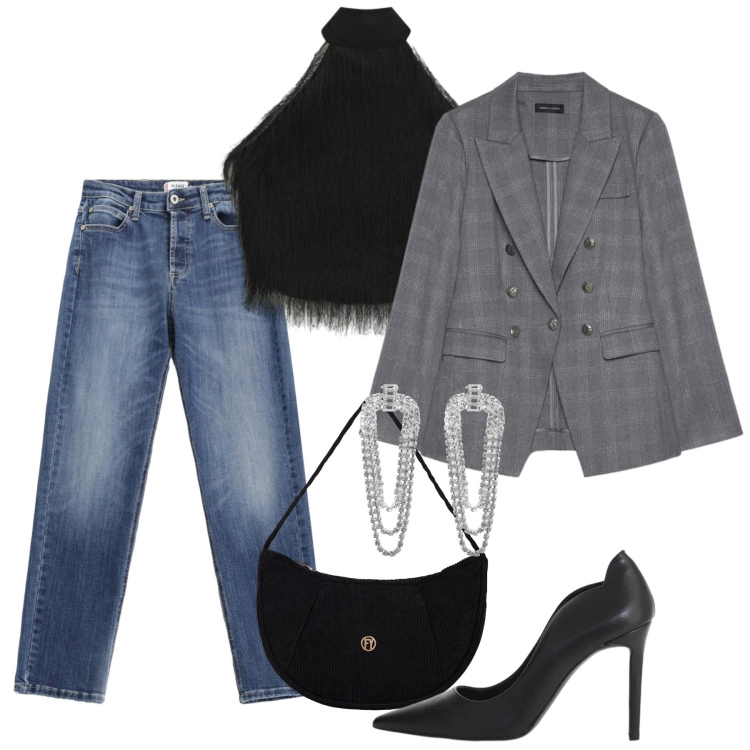 Outfit donna - Febbraio serata. Stile Casual chic per Serata fuori. Abbinamento con orecchini, blazer, décolleté, top, borse a mano, jeans.