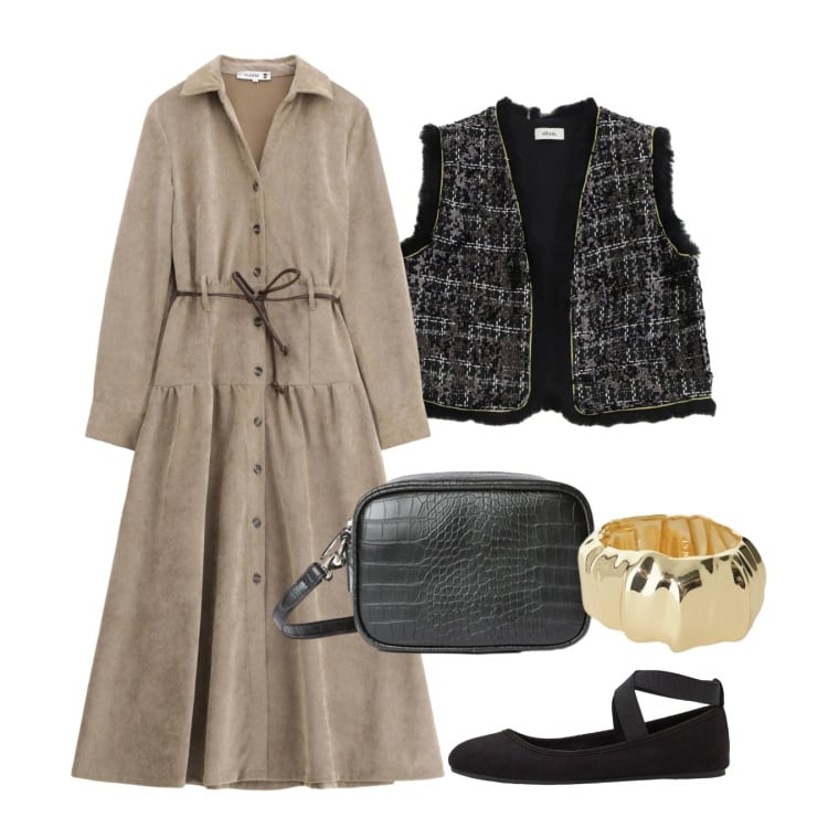 Outfit donna - Febbraio. Stile Bon Ton per Ufficio. Abbinamento con ballerine, borse a tracolla, vestiti lunghi, gilet, braccialetti.