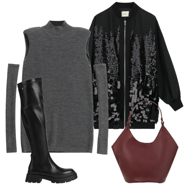 Outfit donna - Cut-Out Confidence. Stile Chic per Serata fuori. Abbinamento con stivali, vestiti corti, borse a spalla, bomber.