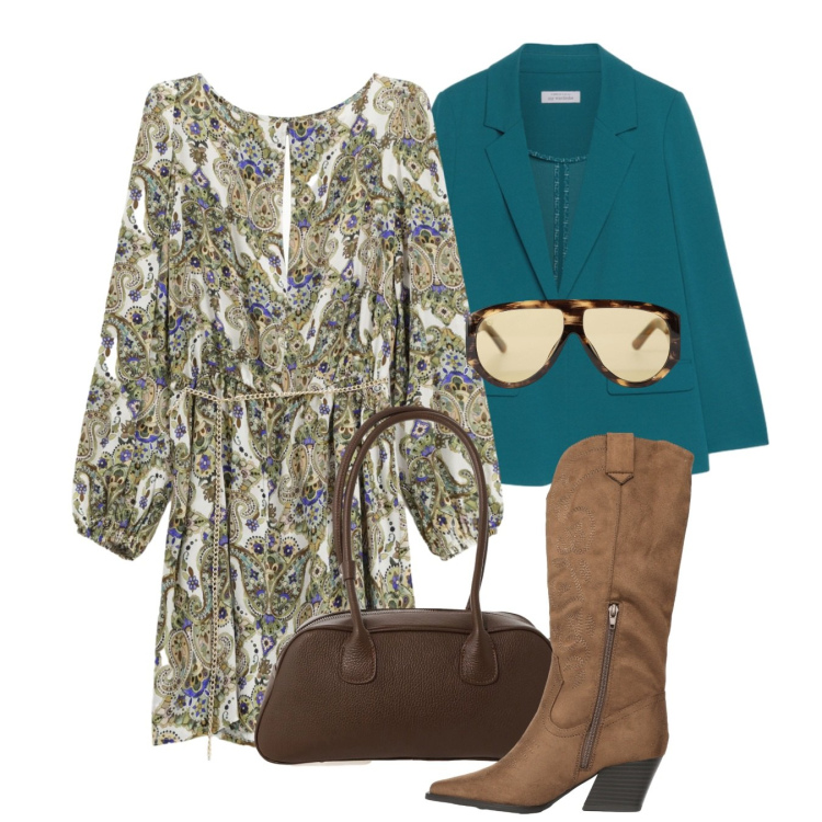 Outfit donna - Giornata di sole. Stile Chic per Tutti i giorni. Abbinamento con stivali, occhiali da sole, blazer, borse a mano, vestiti corti.