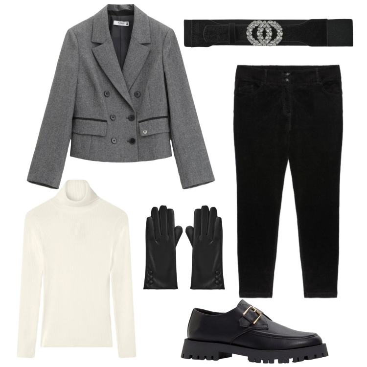 Outfit donna - Mannish in inverno. Stile Mannish per Cerimonia. Abbinamento con mocassini, maglieria, cinture, guanti, pantaloni skinny, blazer.