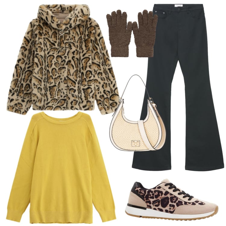 Outfit donna - Animalier in inverno. Stile Casual chic per Tutti i giorni. Abbinamento con sneakers, guanti, jeans a zampa, ecopellicce, pullovers, borse a mano.