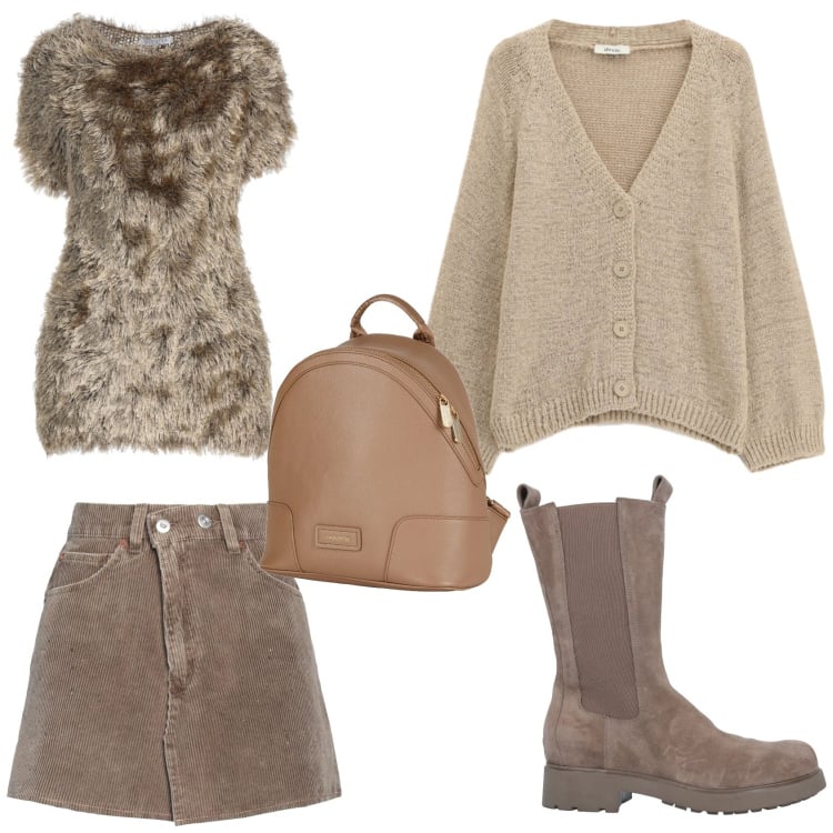 Outfit donna - Total look. Stile Trendy per Tutti i giorni. Abbinamento con pullovers, zaini, minigonne, stivali, cardigans.