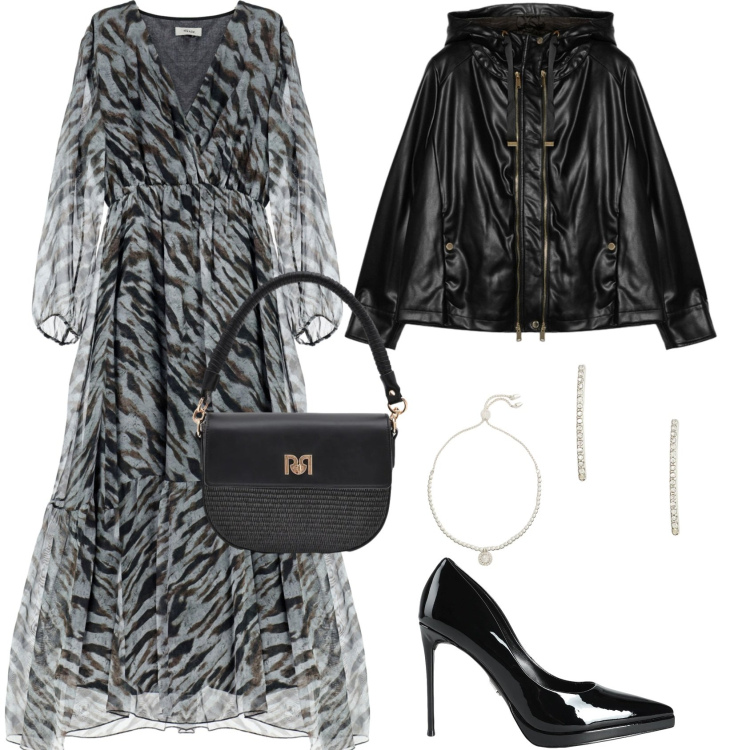 Outfit donna - Look da sera grintoso. Stile Glamour per Serata fuori. Abbinamento con décolleté, giacche, vestiti lunghi, borse a spalla, braccialetti, orecchini.