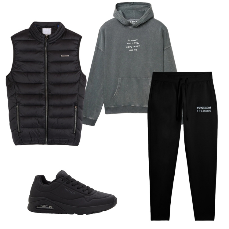 Outfit uomo - Total look #2344358. Stile Urban per Sport. Abbinamento con sneakers, felpe con cappuccio, piumini, pantaloni.