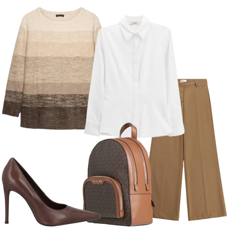 Outfit donna - Look da ufficio. Stile Casual chic per Ufficio. Abbinamento con zaini, décolleté, maglieria, pantaloni a palazzo, camicie.