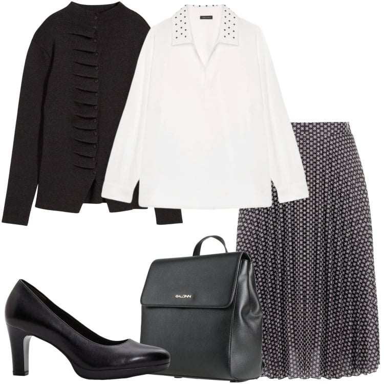 Outfit donna - Look da ufficio. Stile Bon Ton per Ufficio. Abbinamento con zaini, décolleté, cardigans, camicie, gonne longuette.