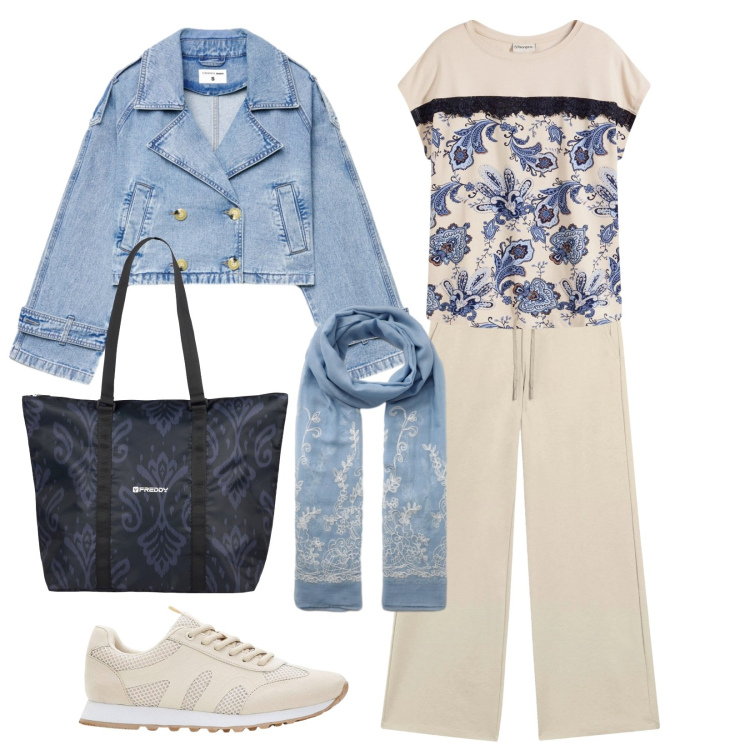 Outfit donna - Sport&jeans. Stile Basic per Tutti i giorni. Abbinamento con t-shirt, sneakers, sciarpe, caban, shopping bag, pantaloni.