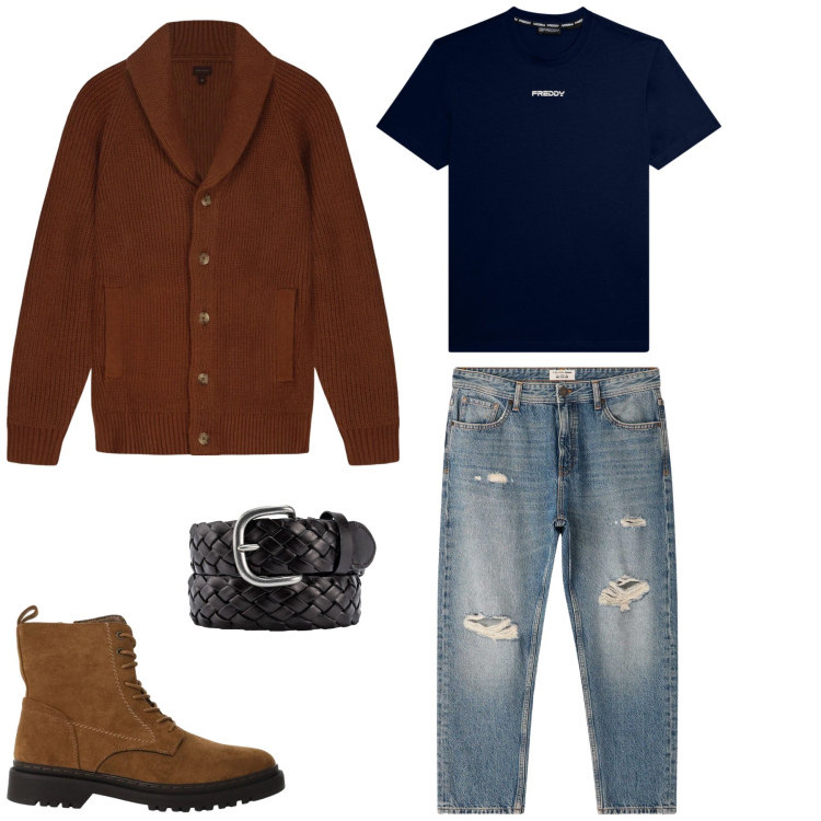 Outfit uomo - Rustic Textures. Stile Casual per Tutti i giorni. Abbinamento con anfibi, jeans strappati, t-shirt, cinture, cardigans.