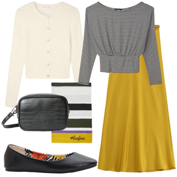 Outfit donna - Maglia a righine per l\'ufficio. Stile Casual chic per Ufficio. Abbinamento con ballerine, sciarpe, borse a tracolla, t-shirt, cardigans, gonne lunghe.