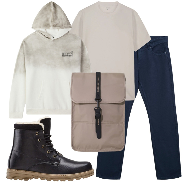 Outfit uomo - Vado a scuola. Stile Casual per Tutti i giorni. Abbinamento con stivali e stivaletti, felpe con cappuccio, jeans dritti, borse sportive, t-shirt.