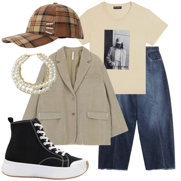 Outfit donna - Università e pranzo con le amiche. Stile Casual per Scuola/Università. Abbinamento con sneakers alte, blazer, collane, cappelli con visiera, t-shirt, jeans.