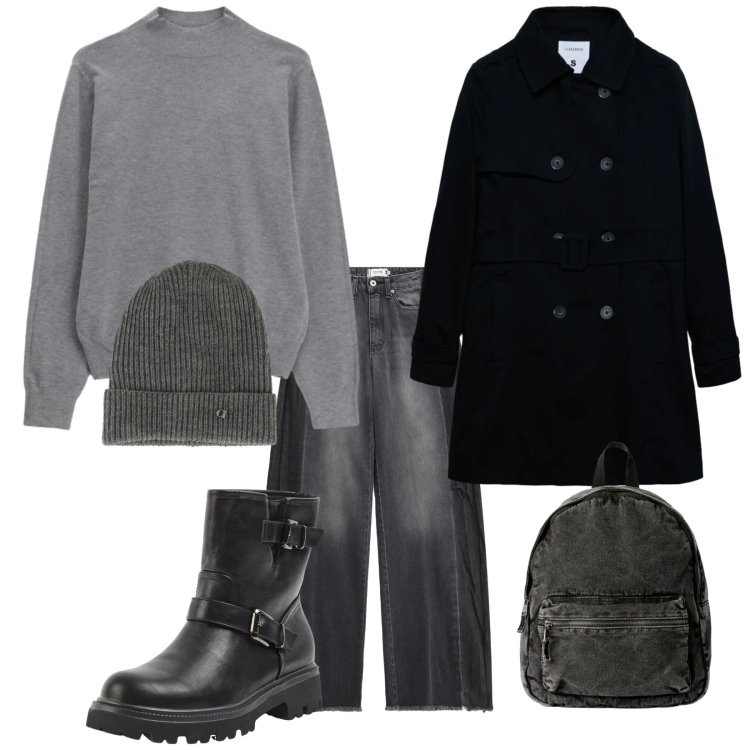 Outfit donna - Total look #2344408. Stile Casual per Tutti i giorni. Abbinamento con trench, stivaletti, zaini, maglieria, cappelli, jeans.