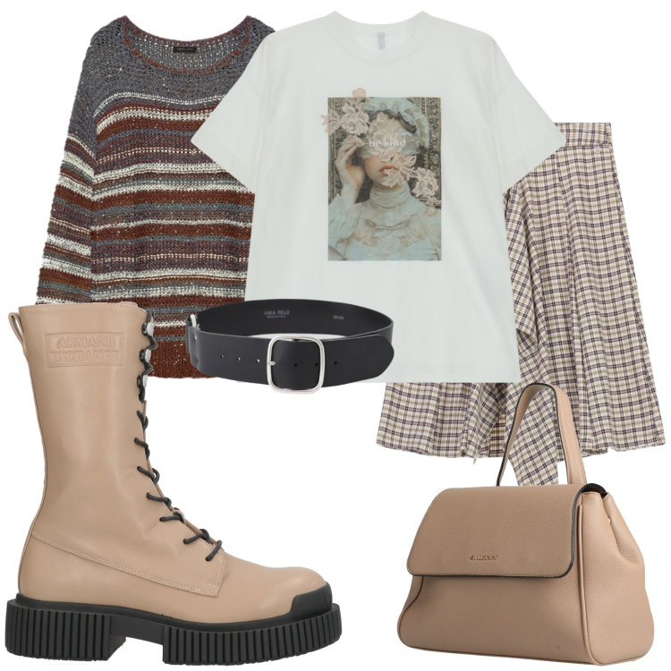 Outfit donna - Gusto metropolitano. Stile Urban per Tutti i giorni. Abbinamento con zaini, stivaletti, t-shirt, maglieria, cinture, gonne longuette.